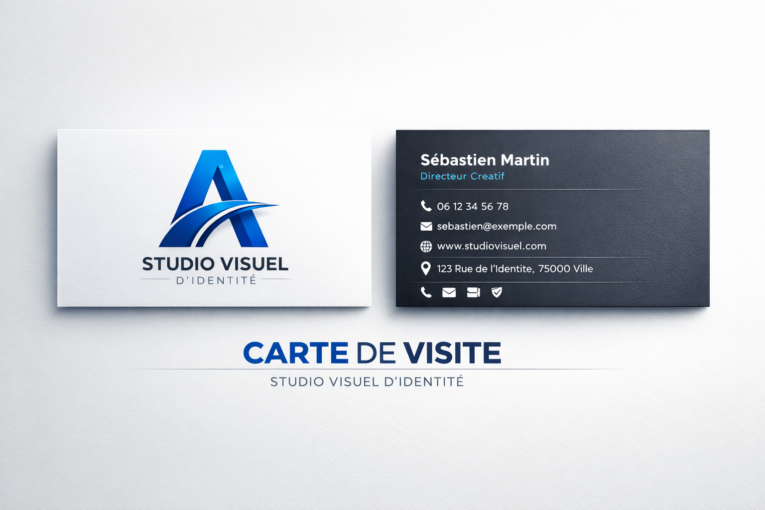 Carte de visite professionnelle d’un studio de design visuel : logo moderne, identité graphique épurée, informations de contact et présentation du directeur créatif dans un style corporate minimaliste.