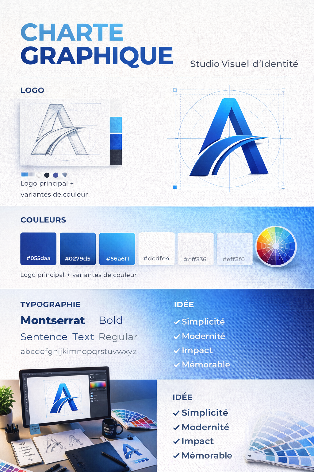 Charte graphique professionnelle présentant logo géométrique moderne, palette de couleurs bleues, typographies Montserrat et éléments de branding pour un studio d’identité visuelle.