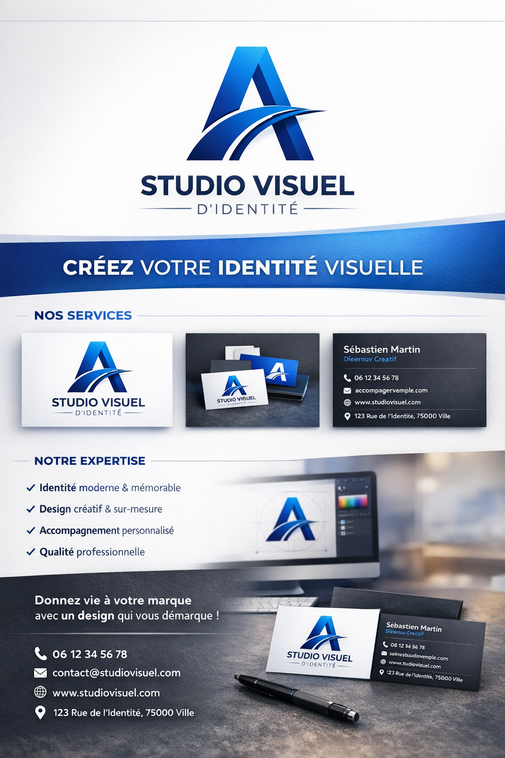 Affiche de studio de design visuel présentant un logo professionnel, services de création d’identité visuelle, exemples de cartes de visite et informations de contact, dans un style moderne et corporate.
