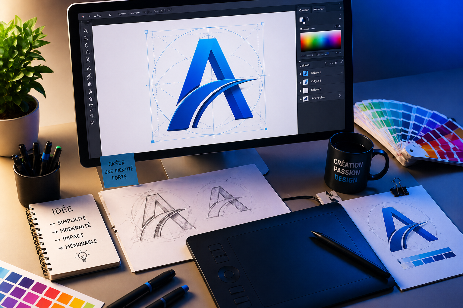 Espace de travail d’un designer créant un logo géométrique : croquis au crayon, logo en construction sur écran, palette de couleurs, tablette graphique et outils de conception professionnelle.