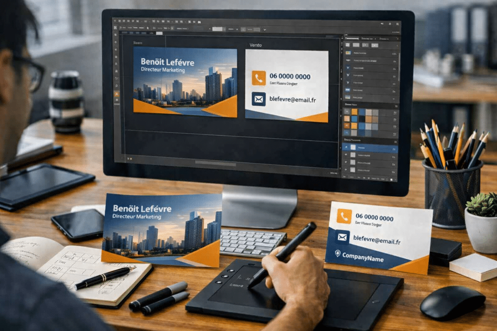 Graphiste professionnel créant une carte de visite moderne sur mesure avec maquette de design et identité visuelle sur écran