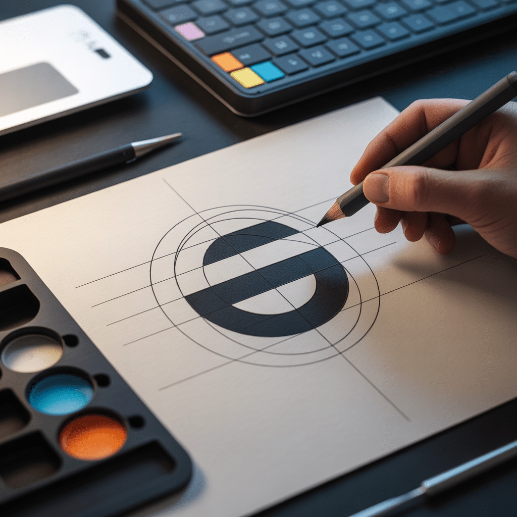 Création de logo professionnel : main dessinant un symbole géométrique au crayon, outils de design, palette de couleurs et matériel graphique sur un bureau de designer.